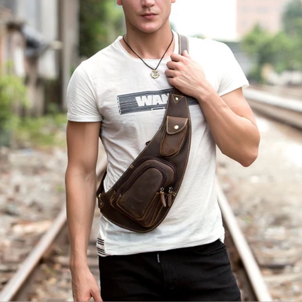 Brown Leather Crossbody Sling Bag Unisex Woman’s or Mens Gun Bag Handbag